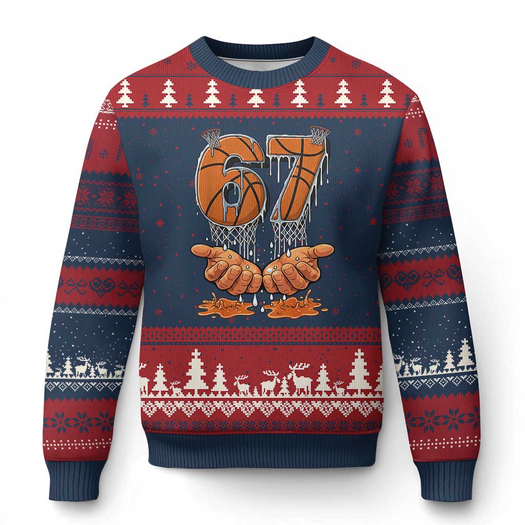 Basketball 67 Six Seven Funny Gen Alpha Meme Drip Ugly Christmas Sweater TS11 Navy Red Print Your Wear