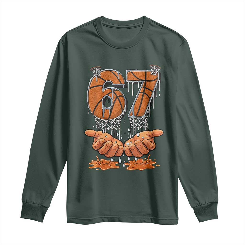 Basketball 67 Six Seven Funny Gen Alpha Meme Drip Long Sleeve Shirt TS11 Dark Forest Green Print Your Wear