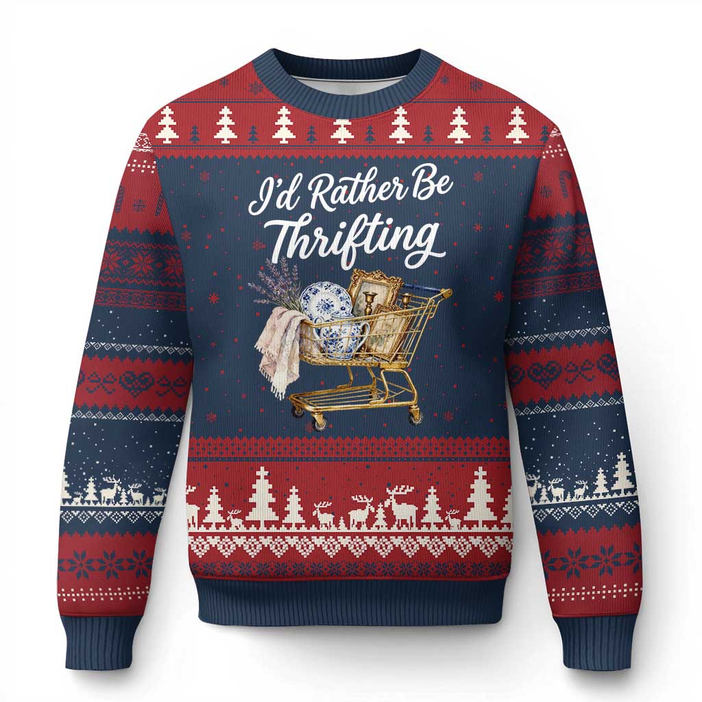 I Would Rather Be Thrifting Ugly Christmas Sweater Funny Shopping Quote Vintage Hunter TS11 Navy Red Print Your Wear
