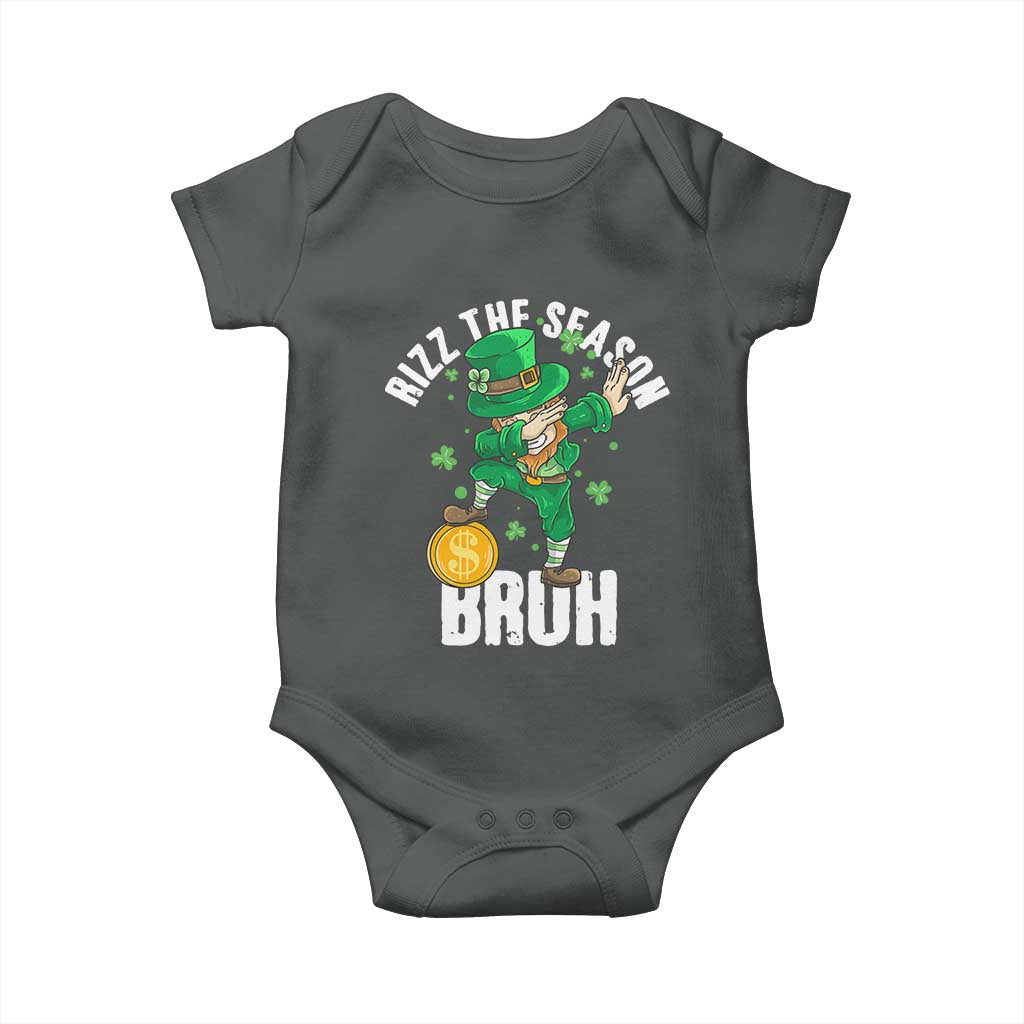 Funny St Patrick's Day Rizz The Season Bruh Baby Onesie Leprechaun Shamrock TS11 Dark Heather Print Your Wear