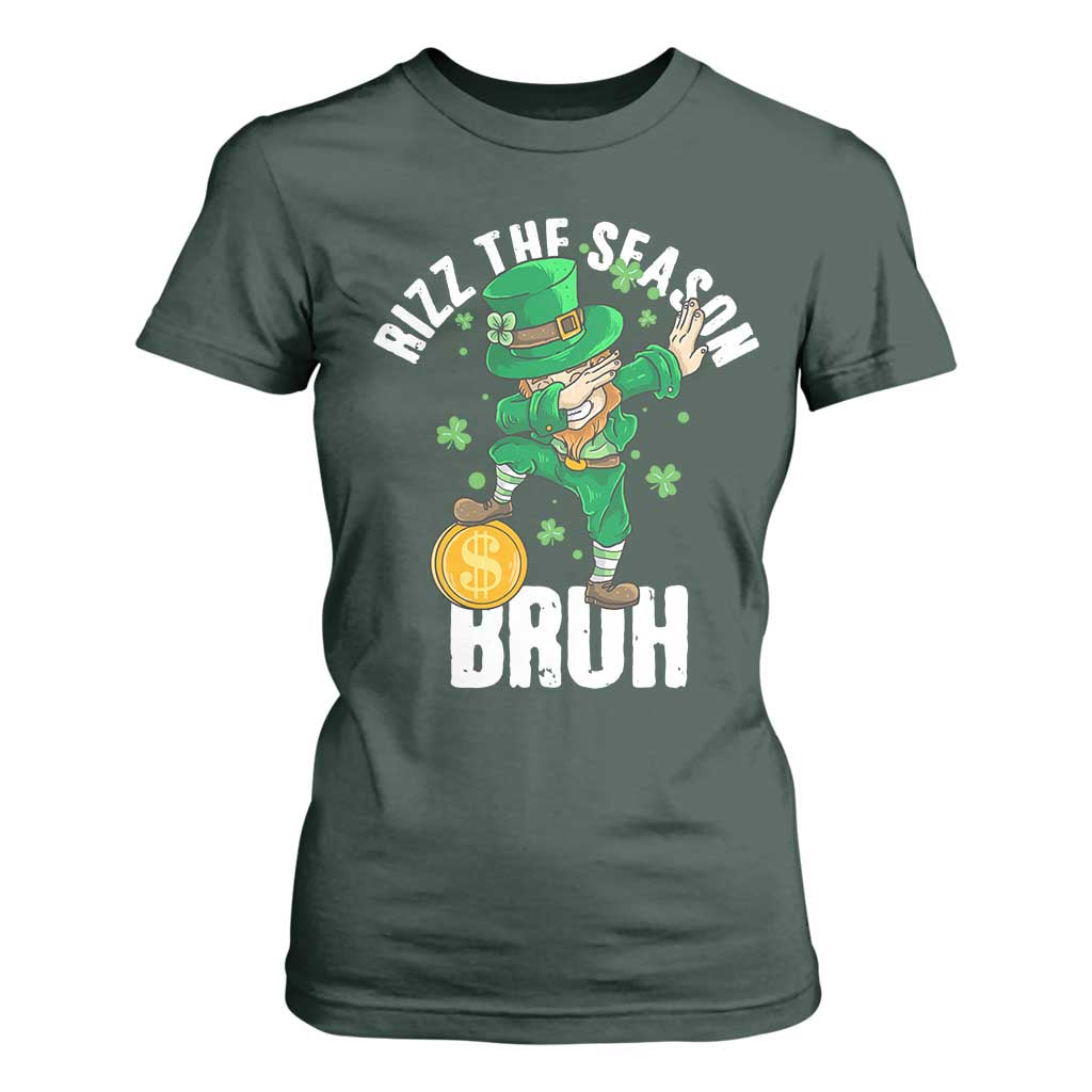 Funny St Patrick's Day Rizz The Season Bruh T Shirt For Women Leprechaun Shamrock TS11 Dark Forest Green Print Your Wear