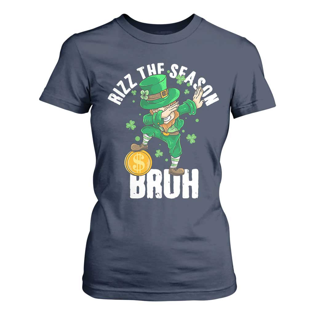 Funny St Patrick's Day Rizz The Season Bruh T Shirt For Women Leprechaun Shamrock TS11 Navy Print Your Wear