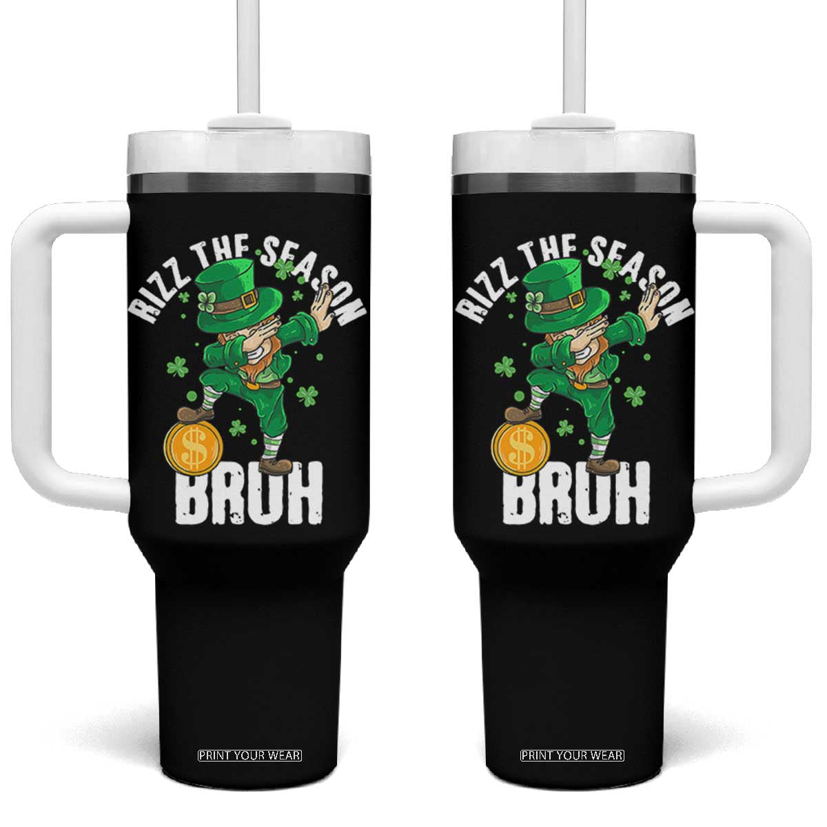 Funny St Patrick's Day Rizz The Season Bruh Tumbler With Handle Leprechaun Shamrock TS11 One Size: 40 oz Black Print Your Wear