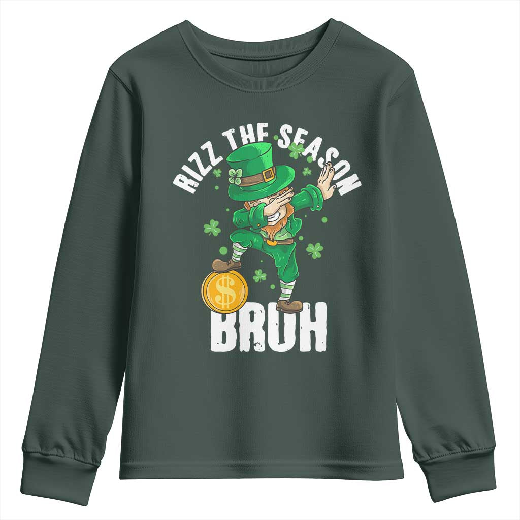 Funny St Patrick's Day Rizz The Season Bruh Youth Sweatshirt Leprechaun Shamrock TS11 Dark Forest Green Print Your Wear