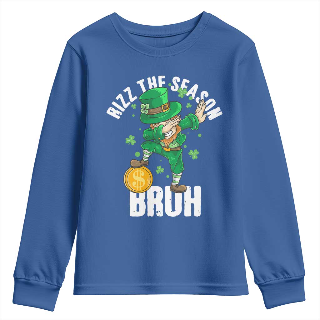 Funny St Patrick's Day Rizz The Season Bruh Youth Sweatshirt Leprechaun Shamrock TS11 Royal Blue Print Your Wear