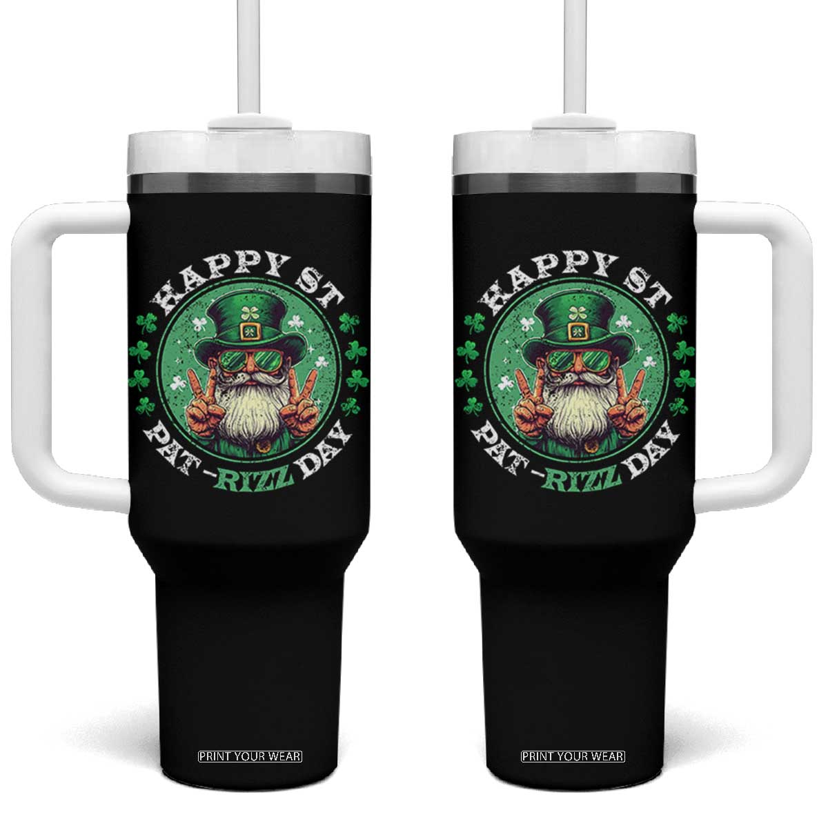 Happy St Pat Rizz Day Tumbler With Handle Leprechaun St Patrick's Day Shamrock TS11 One Size: 40 oz Black Print Your Wear