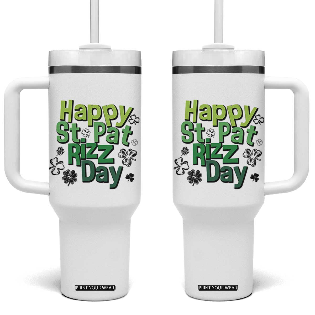 Funny Skibidi St Patrick's Day Tumbler With Handle Happy St Pat Rizz Day Shamrock TS11 One Size: 40 oz White Print Your Wear