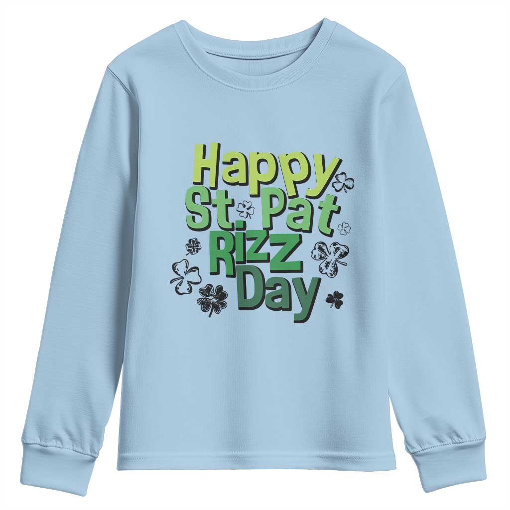 Funny Skibidi St Patrick's Day Youth Sweatshirt Happy St Pat Rizz Day Shamrock TS11 Light Blue Print Your Wear