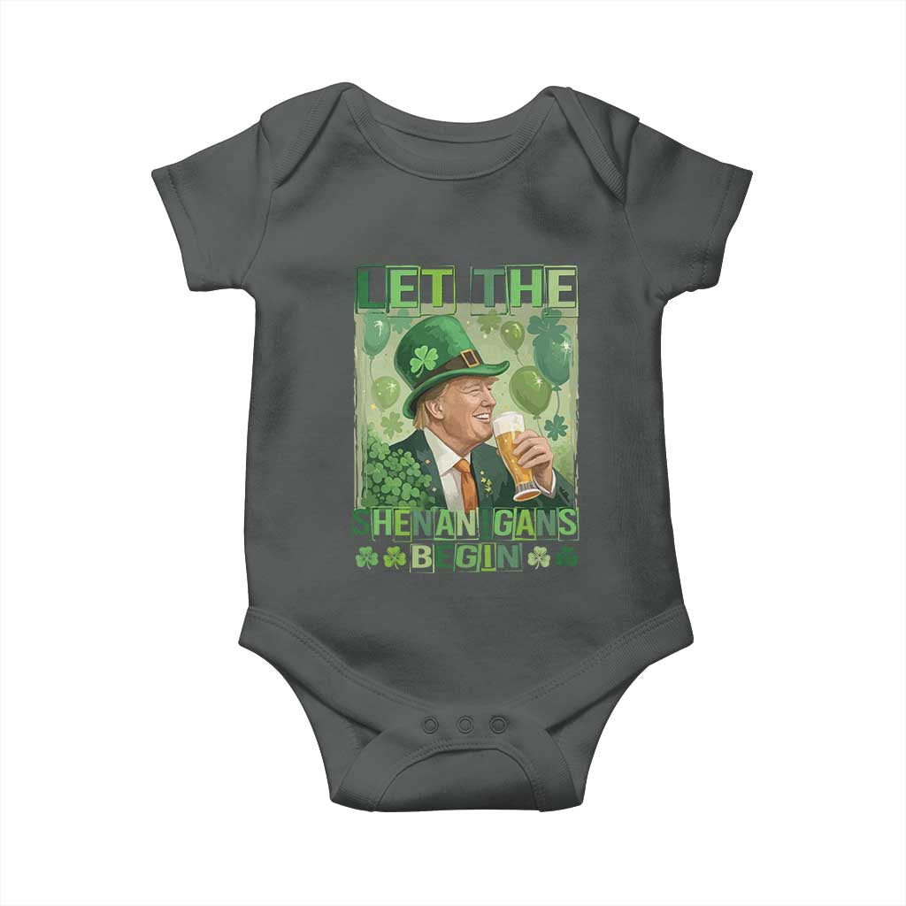 Funny St Patrick's Day Trump Baby Onesie Let The Shenanigans Begin Leprechaun Trump TS11 Dark Heather Print Your Wear