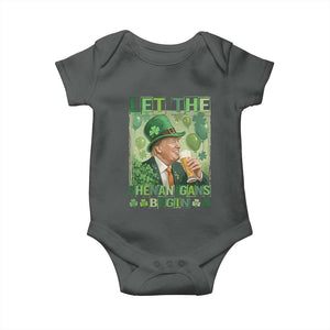 Funny St Patrick's Day Trump Baby Onesie Let The Shenanigans Begin Leprechaun Trump TS11 Dark Heather Print Your Wear