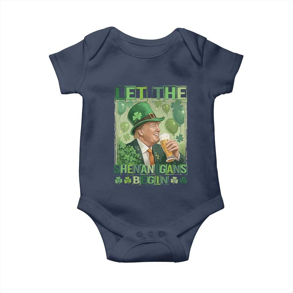 Funny St Patrick's Day Trump Baby Onesie Let The Shenanigans Begin Leprechaun Trump TS11 Navy Print Your Wear