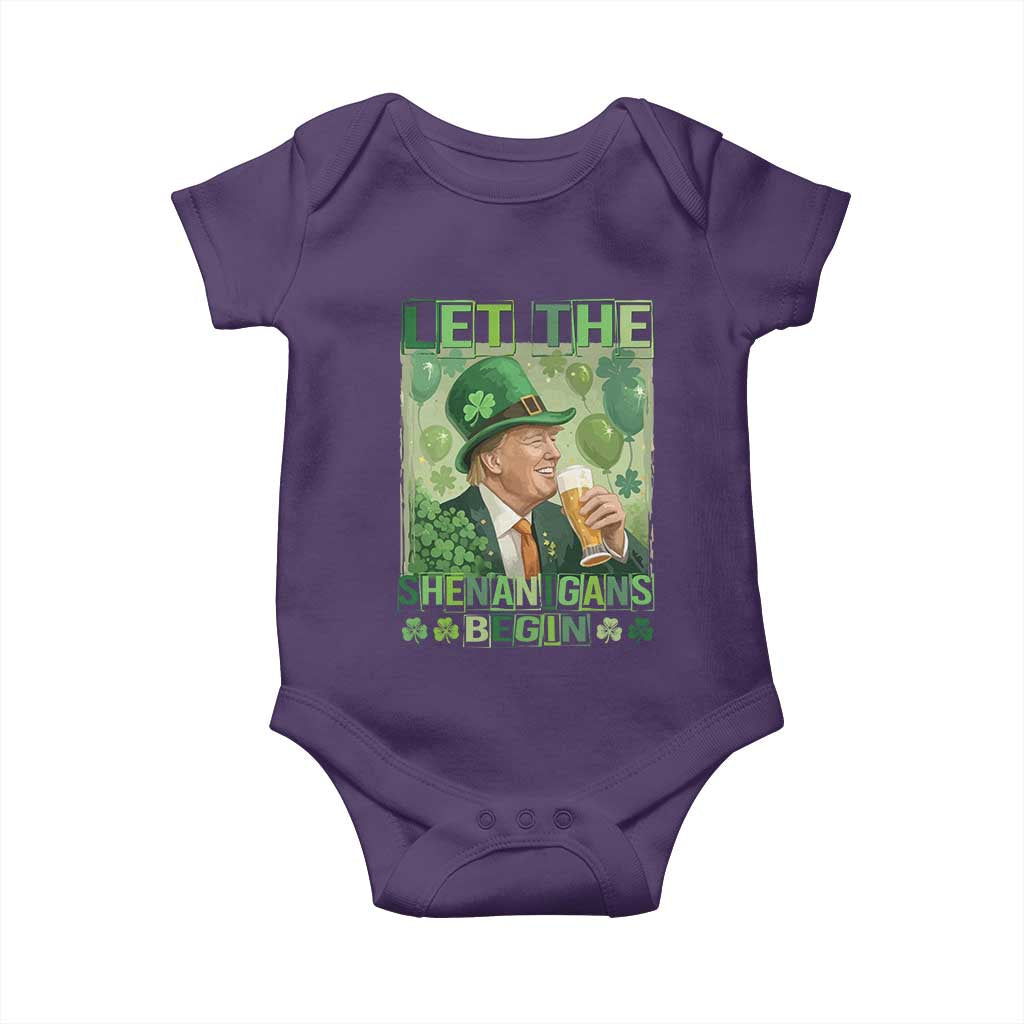 Funny St Patrick's Day Trump Baby Onesie Let The Shenanigans Begin Leprechaun Trump TS11 Purple Print Your Wear