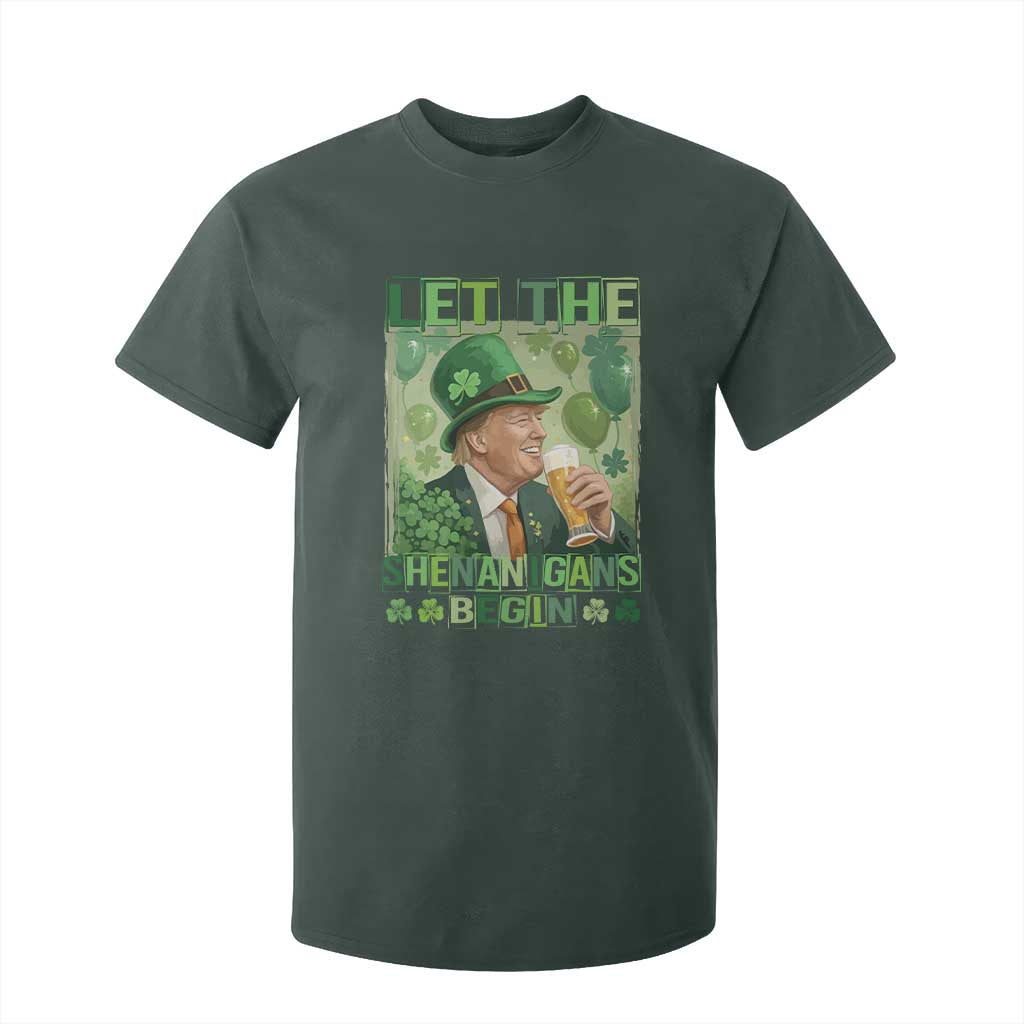 Funny St Patrick's Day Trump T Shirt For Kid Let The Shenanigans Begin Leprechaun Trump TS11 Dark Forest Green Print Your Wear