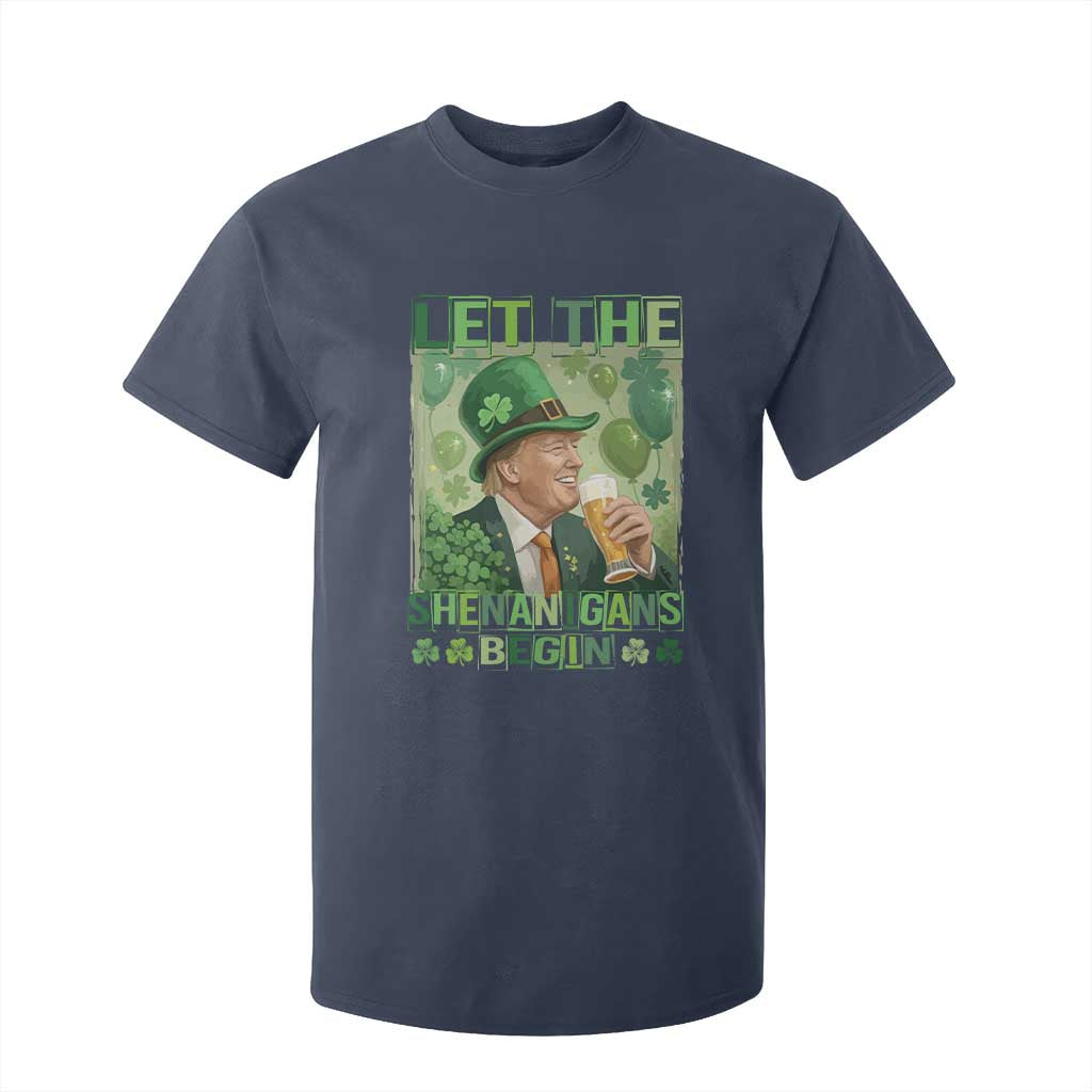 Funny St Patrick's Day Trump T Shirt For Kid Let The Shenanigans Begin Leprechaun Trump TS11 Navy Print Your Wear