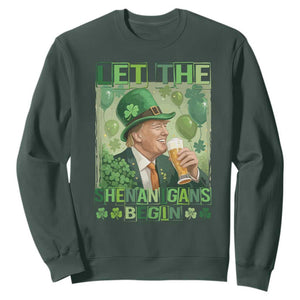 Funny St Patrick's Day Trump Sweatshirt Let The Shenanigans Begin Leprechaun Trump TS11 Dark Forest Green Print Your Wear