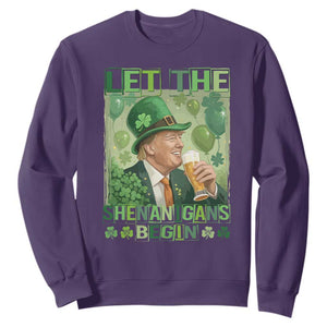 Funny St Patrick's Day Trump Sweatshirt Let The Shenanigans Begin Leprechaun Trump TS11 Purple Print Your Wear