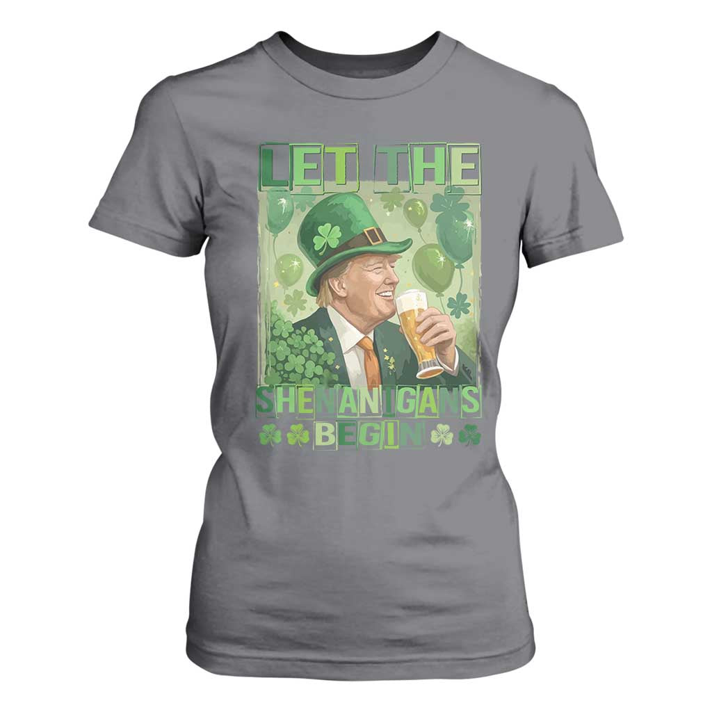 Funny St Patrick's Day Trump T Shirt For Women Let The Shenanigans Begin Leprechaun Trump TS11 Charcoal Print Your Wear