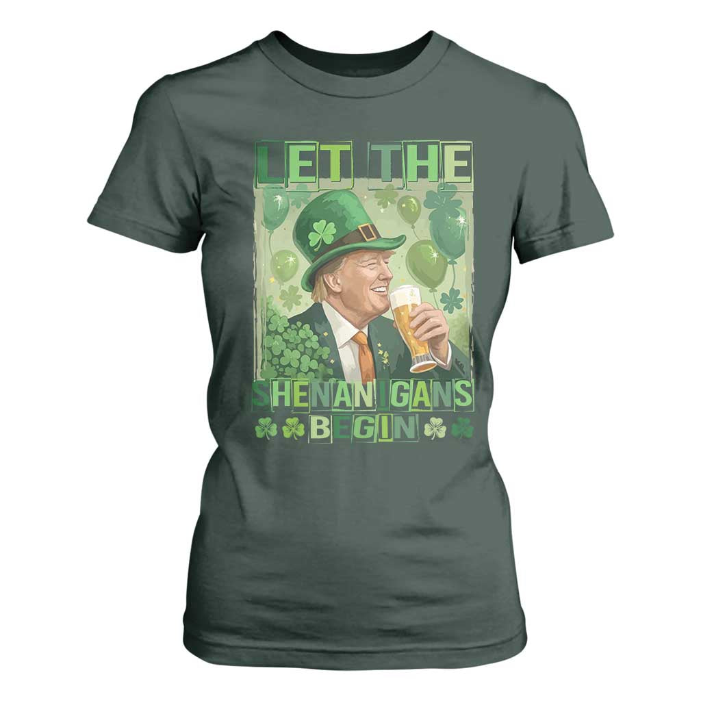 Funny St Patrick's Day Trump T Shirt For Women Let The Shenanigans Begin Leprechaun Trump TS11 Dark Forest Green Print Your Wear
