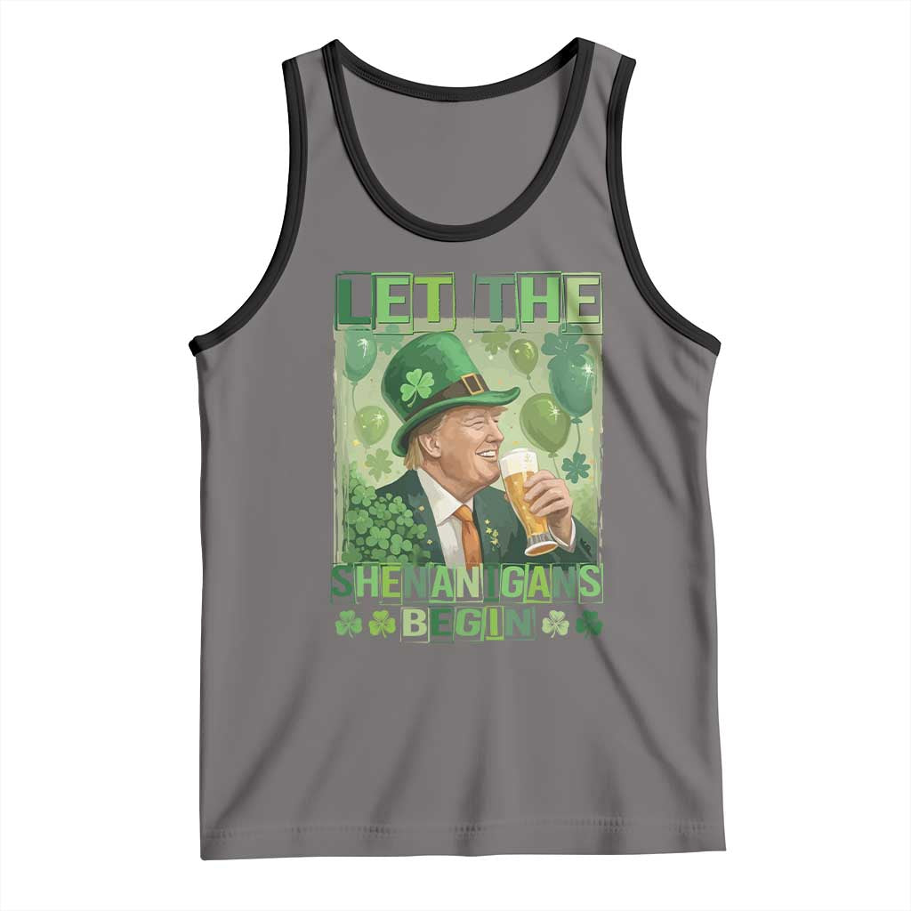 Funny St Patrick's Day Trump Tank Top Let The Shenanigans Begin Leprechaun Trump TS11 Deep Heather Black Print Your Wear