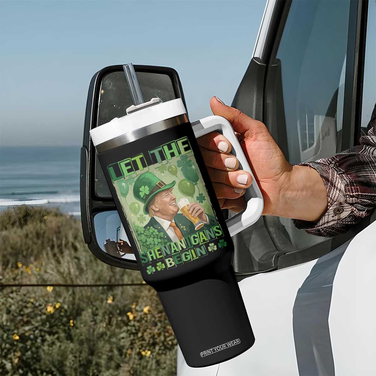 Funny St Patrick's Day Trump Tumbler With Handle Let The Shenanigans Begin Leprechaun Trump TS11 Print Your Wear