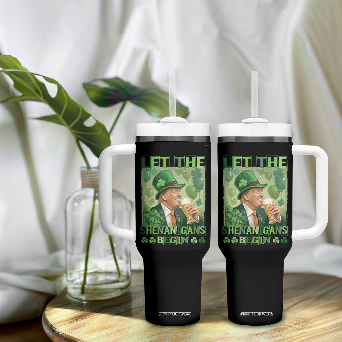 Funny St Patrick's Day Trump Tumbler With Handle Let The Shenanigans Begin Leprechaun Trump TS11 Print Your Wear