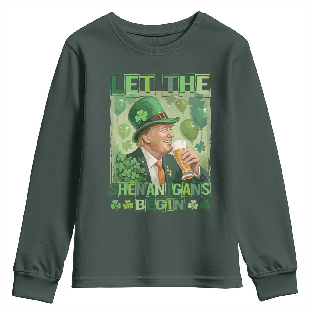 Funny St Patrick's Day Trump Youth Sweatshirt Let The Shenanigans Begin Leprechaun Trump TS11 Dark Forest Green Print Your Wear