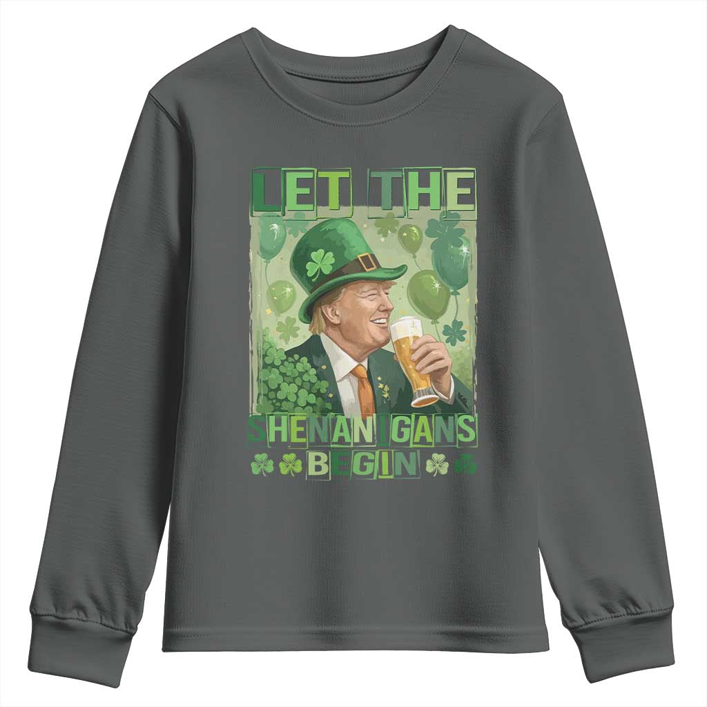 Funny St Patrick's Day Trump Youth Sweatshirt Let The Shenanigans Begin Leprechaun Trump TS11 Dark Heather Print Your Wear