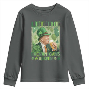 Funny St Patrick's Day Trump Youth Sweatshirt Let The Shenanigans Begin Leprechaun Trump TS11 Dark Heather Print Your Wear