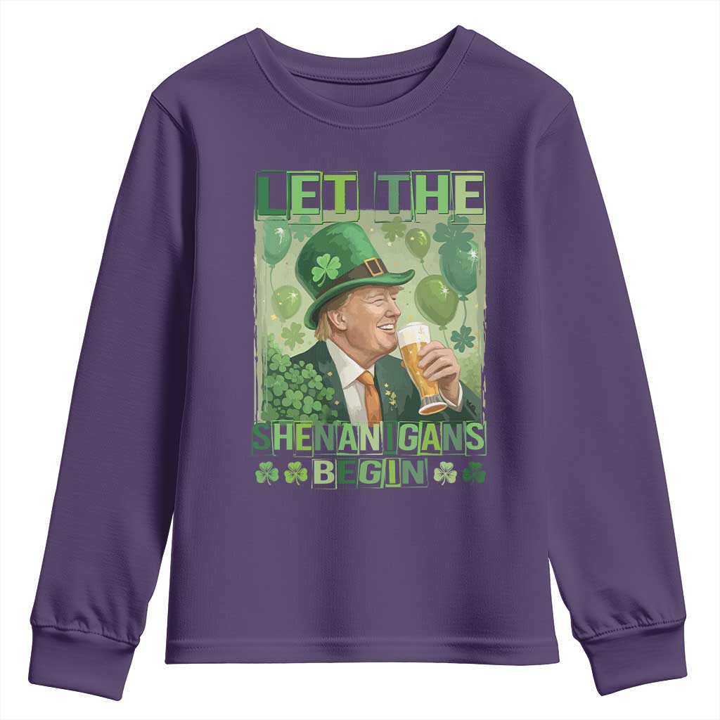 Funny St Patrick's Day Trump Youth Sweatshirt Let The Shenanigans Begin Leprechaun Trump TS11 Purple Print Your Wear