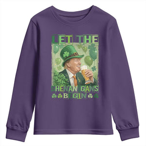 Funny St Patrick's Day Trump Youth Sweatshirt Let The Shenanigans Begin Leprechaun Trump TS11 Purple Print Your Wear