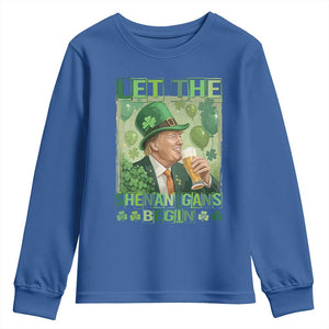 Funny St Patrick's Day Trump Youth Sweatshirt Let The Shenanigans Begin Leprechaun Trump TS11 Royal Blue Print Your Wear