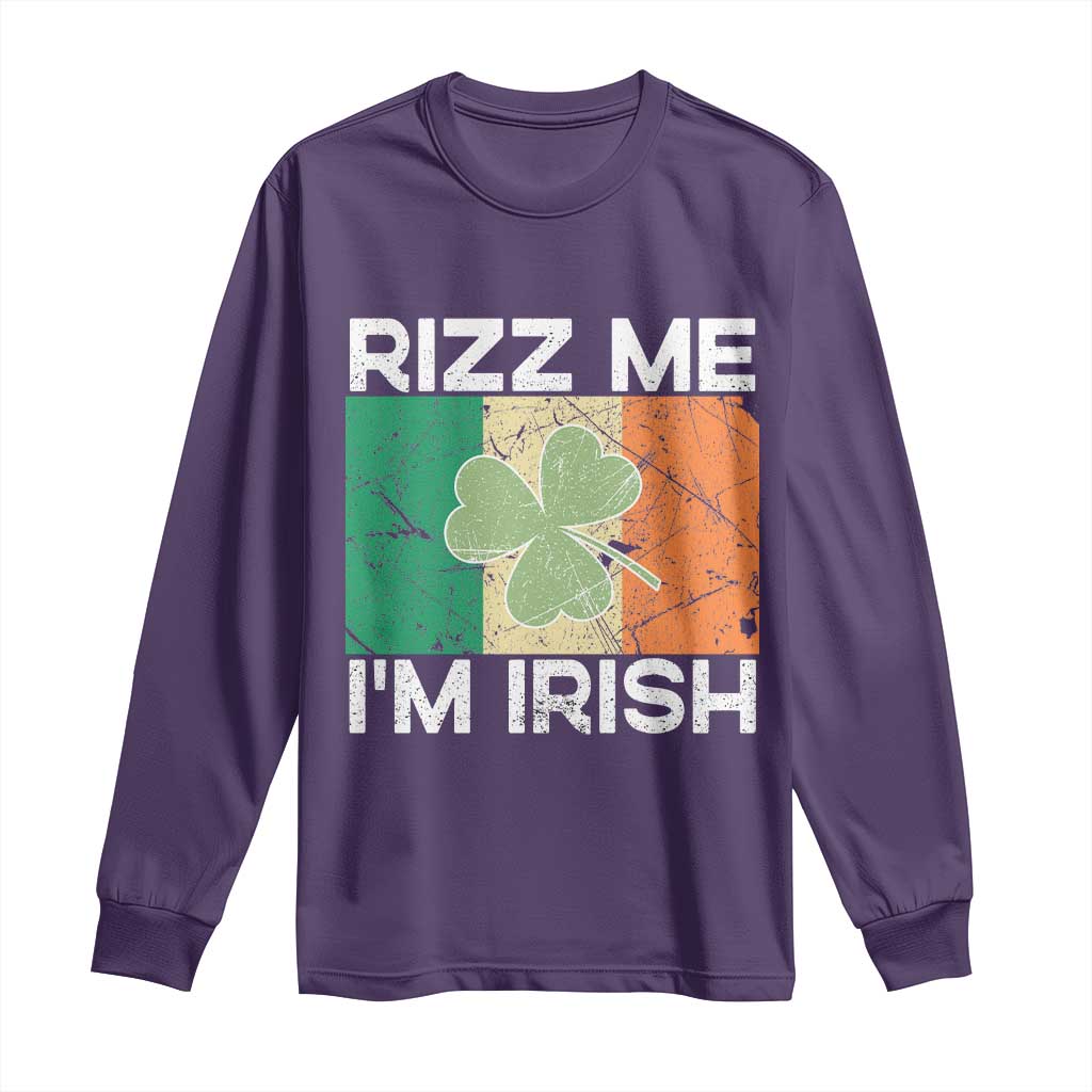 Funny St Patrick's Day Rizz Me I'm Irish Long Sleeve Shirt Shamrock Ireland Flag TS11 Purple Print Your Wear