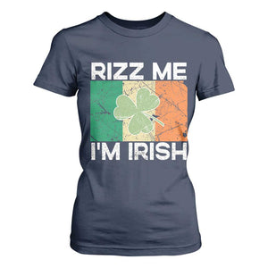 Funny St Patrick's Day Rizz Me I'm Irish T Shirt For Women Shamrock Ireland Flag TS11 Navy Print Your Wear