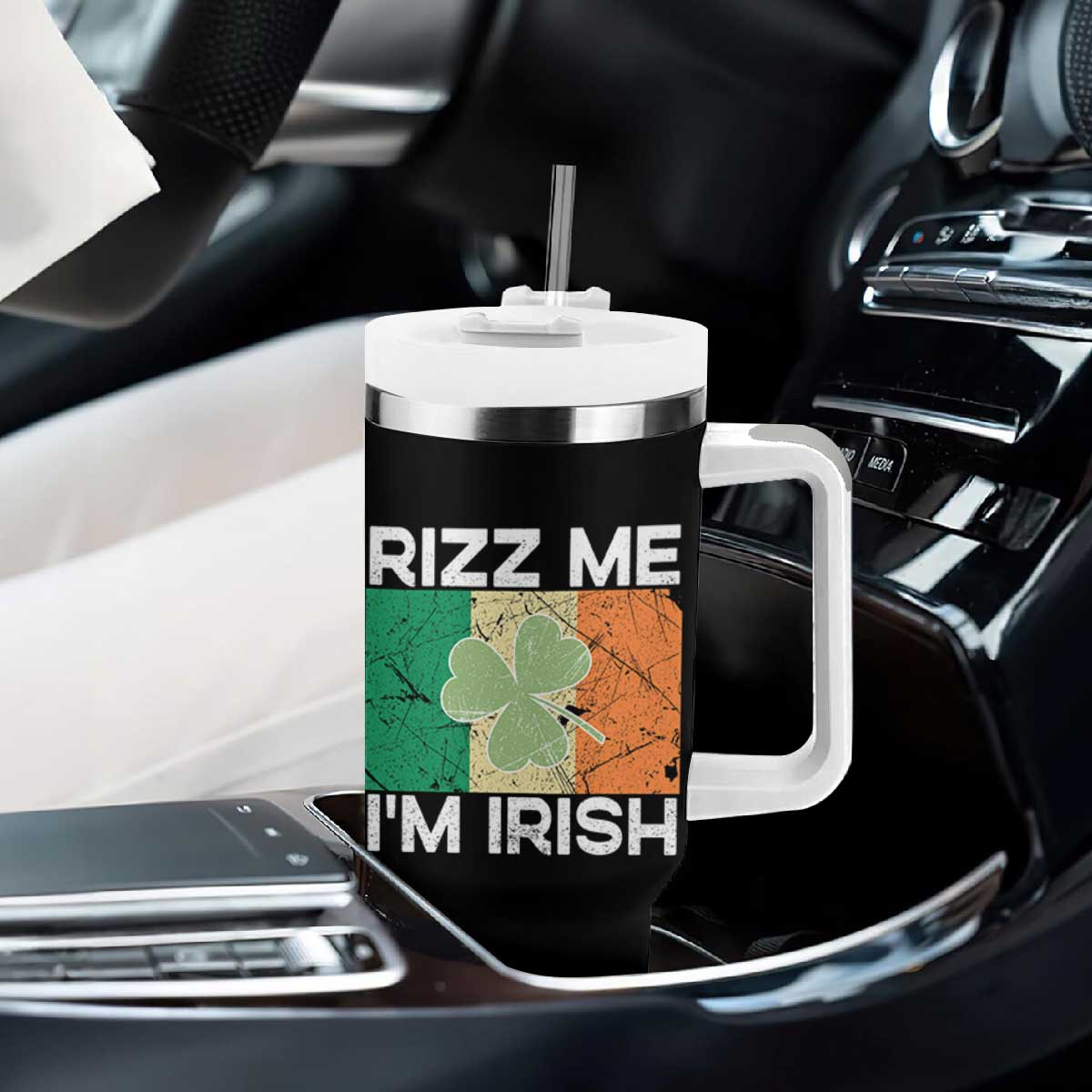 Funny St Patrick's Day Rizz Me I'm Irish Tumbler With Handle Shamrock Ireland Flag TS11 Print Your Wear