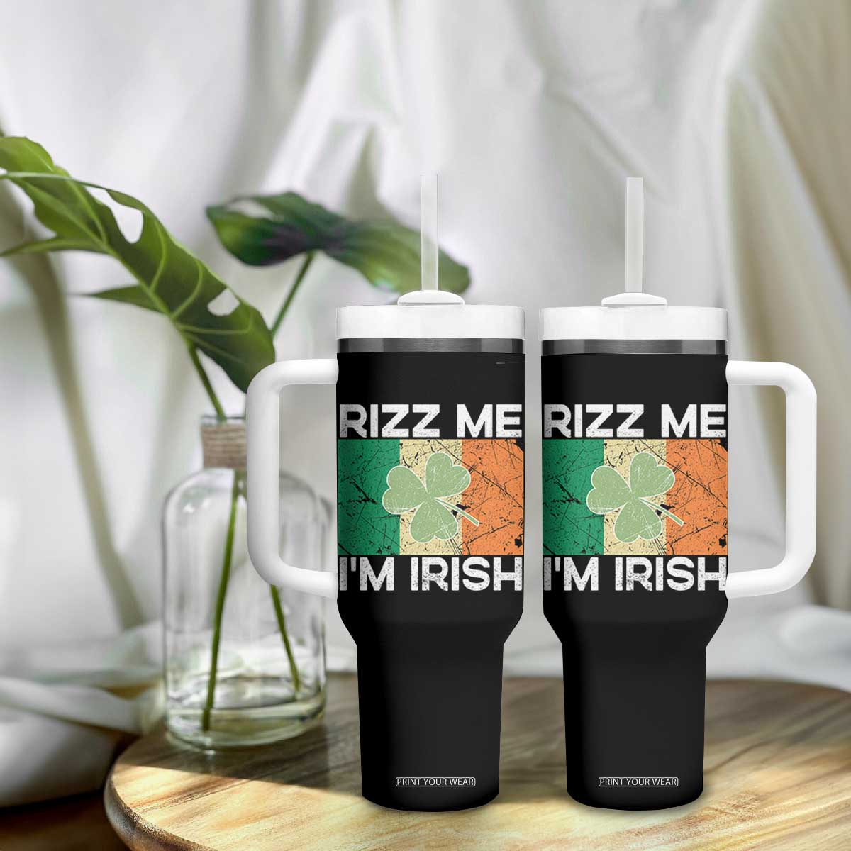 Funny St Patrick's Day Rizz Me I'm Irish Tumbler With Handle Shamrock Ireland Flag TS11 Print Your Wear