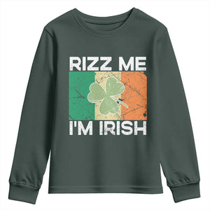 Funny St Patrick's Day Rizz Me I'm Irish Youth Sweatshirt Shamrock Ireland Flag TS11 Dark Forest Green Print Your Wear