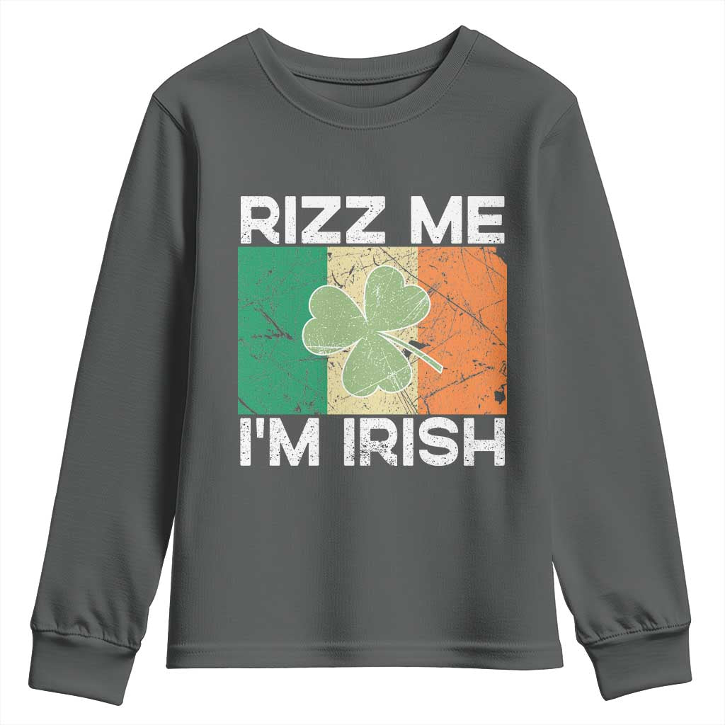 Funny St Patrick's Day Rizz Me I'm Irish Youth Sweatshirt Shamrock Ireland Flag TS11 Dark Heather Print Your Wear