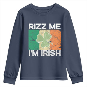 Funny St Patrick's Day Rizz Me I'm Irish Youth Sweatshirt Shamrock Ireland Flag TS11 Navy Print Your Wear