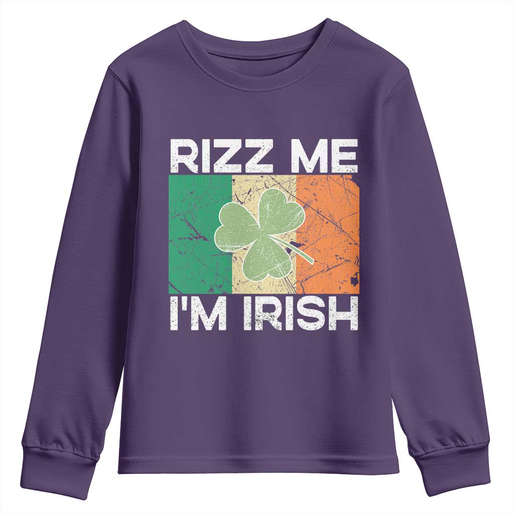 Funny St Patrick's Day Rizz Me I'm Irish Youth Sweatshirt Shamrock Ireland Flag TS11 Purple Print Your Wear