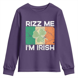 Funny St Patrick's Day Rizz Me I'm Irish Youth Sweatshirt Shamrock Ireland Flag TS11 Purple Print Your Wear