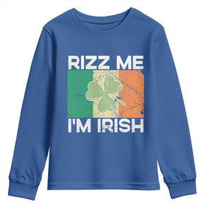 Funny St Patrick's Day Rizz Me I'm Irish Youth Sweatshirt Shamrock Ireland Flag TS11 Royal Blue Print Your Wear