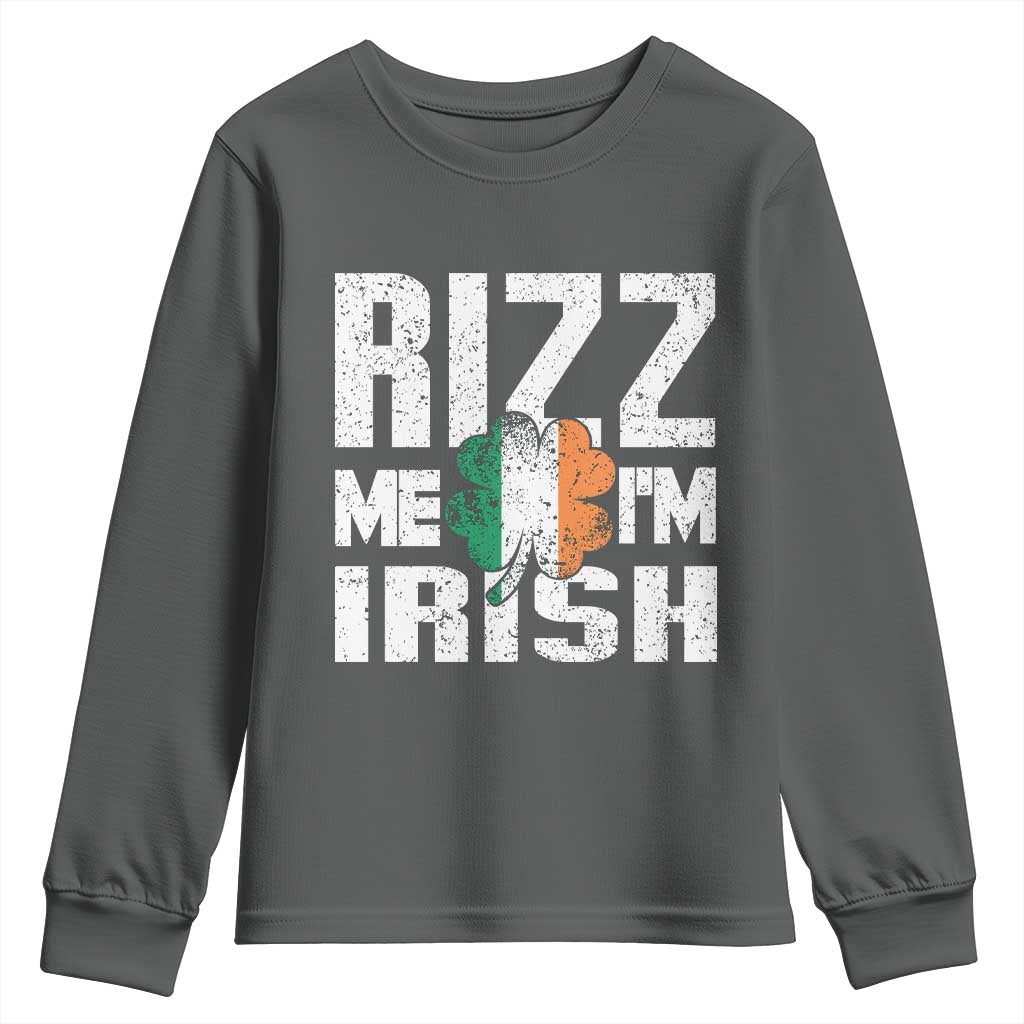 Funny Rizz Me I'm Irish Youth Sweatshirt St Patrick's Day Vintage Ireland Flag TS11 Dark Heather Print Your Wear