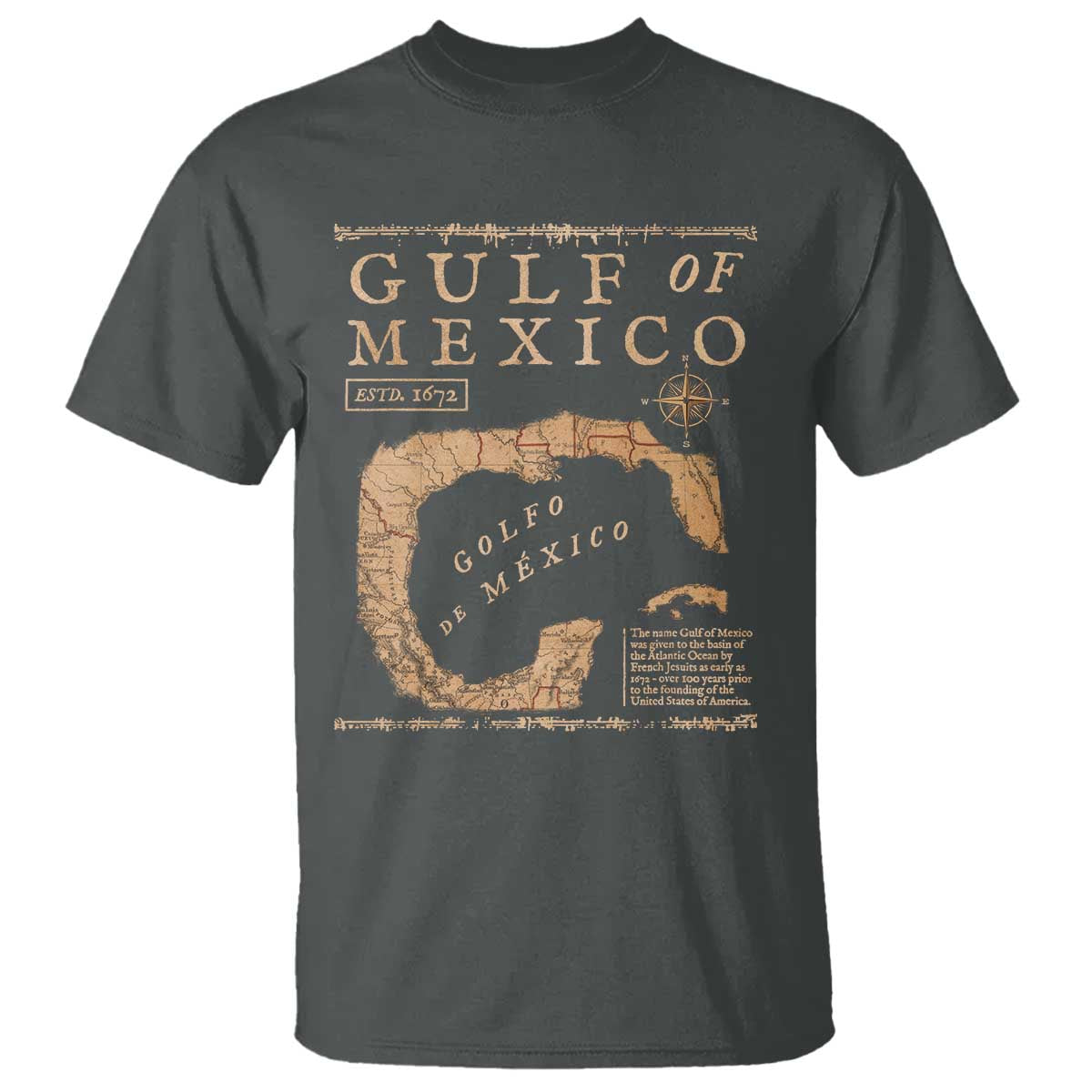 Gulf Of Mexico ESTD 1672 T Shirt Vintage Map TS11 Dark Heather Print Your Wear