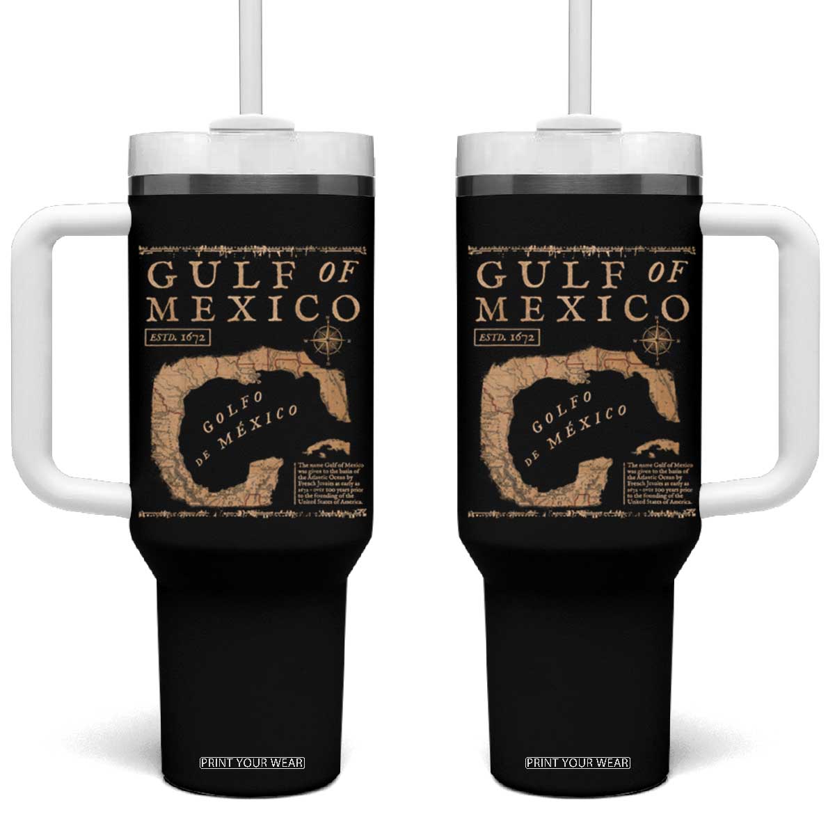 Gulf Of Mexico ESTD 1672 Tumbler With Handle Vintage Map TS11 One Size: 40 oz Black Print Your Wear