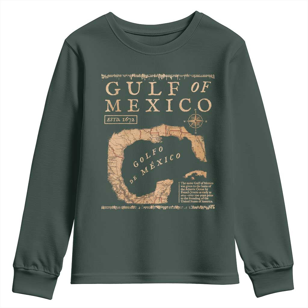Gulf Of Mexico ESTD 1672 Youth Sweatshirt Vintage Map TS11 Dark Forest Green Print Your Wear