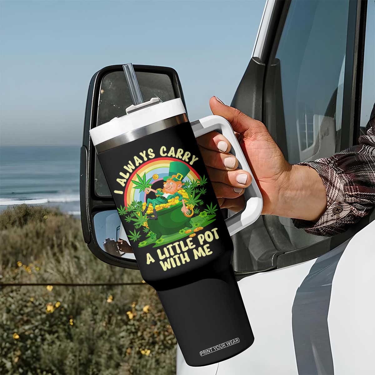 Funny St Patrick's Day Cannabis Weed Tumbler With Handle I Always Carry A Little Pot Leprechaun TS11 Print Your Wear