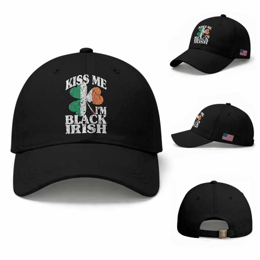 Funny Kiss Me I'm Black Irish Baseball Cap St Patrick's Day Vintage Shamrock TS11 Baseball Cap Universal Fit Black Print Your Wear