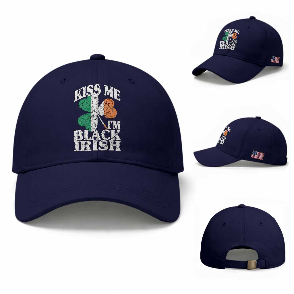 Funny Kiss Me I'm Black Irish Baseball Cap St Patrick's Day Vintage Shamrock TS11 Baseball Cap Universal Fit Dark Blue Print Your Wear