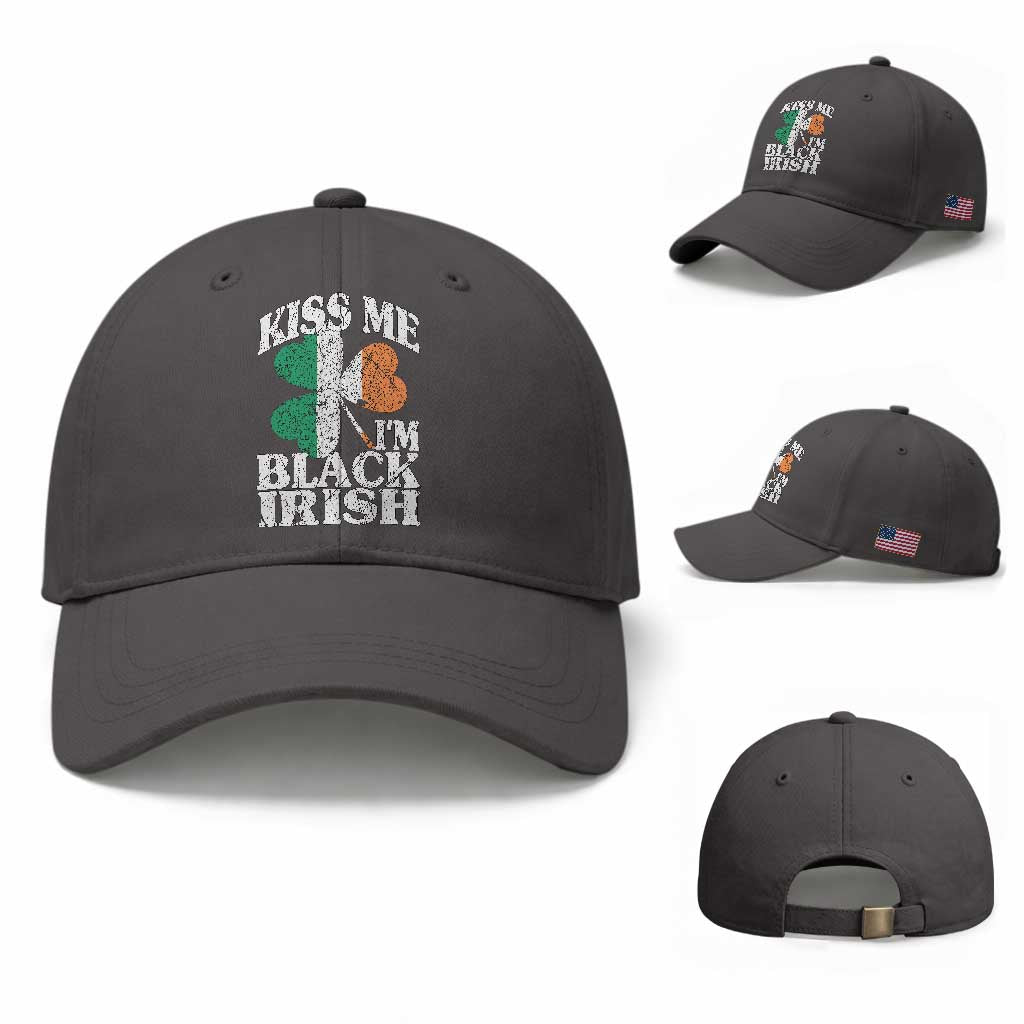 Funny Kiss Me I'm Black Irish Baseball Cap St Patrick's Day Vintage Shamrock TS11 Baseball Cap Universal Fit Dark Gray Print Your Wear