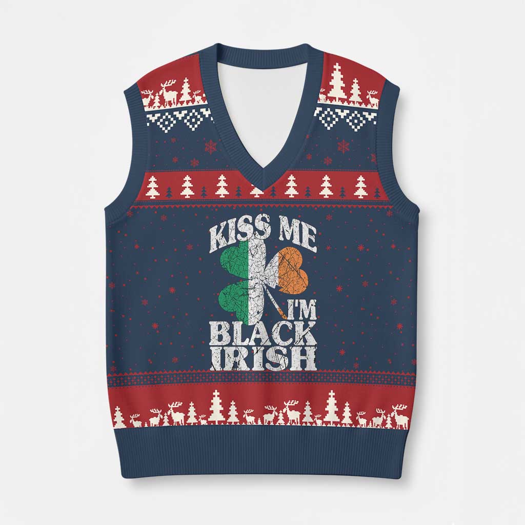 Funny Kiss Me I'm Black Irish V-Neck Knit Sweater Vest St Patrick's Day Vintage Shamrock TS11 Navy Red Print Your Wear